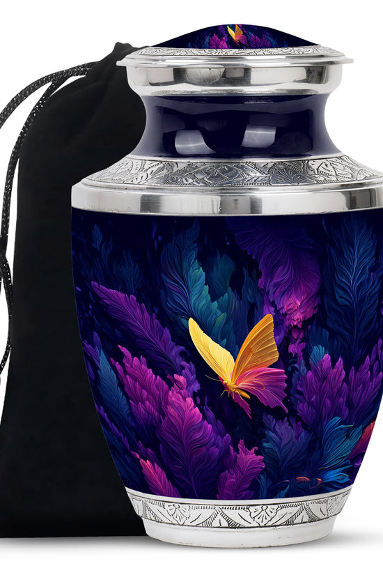Serene Blue Butterfly Cremation Urn side profile showing urn shape - artistic butterfly interpretation with creative detail - full-size 10 inch 200 cubic inch adult cremation urn