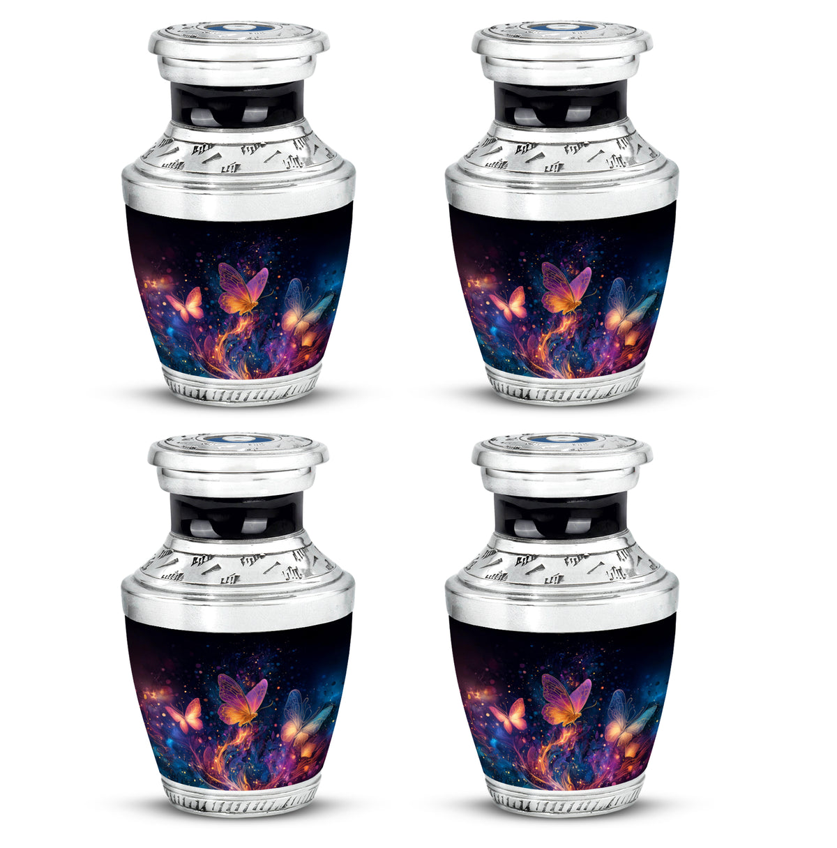 Midnight Black Butterfly Cremation Urn back view with polished surface - stylized abstract butterfly pattern with bold lines - 10 inch aluminum urn for cremated remains