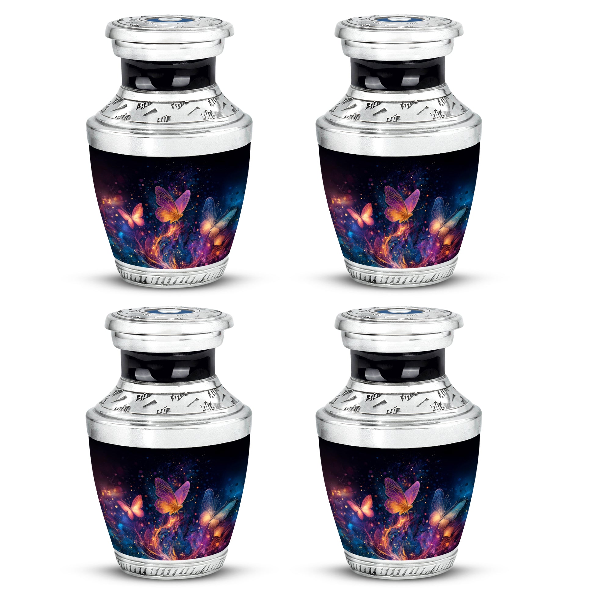 Midnight Black Butterfly Cremation Urn back view with polished surface - stylized abstract butterfly pattern with bold lines - 10 inch aluminum urn for cremated remains