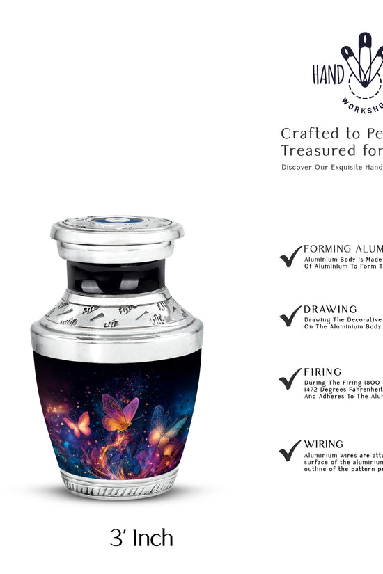 Charcoal Black Butterfly Cremation Urn top-down view of secure threaded lid - stylized abstract butterfly pattern with bold lines - mini keepsake memorial for portion of cremation ashes