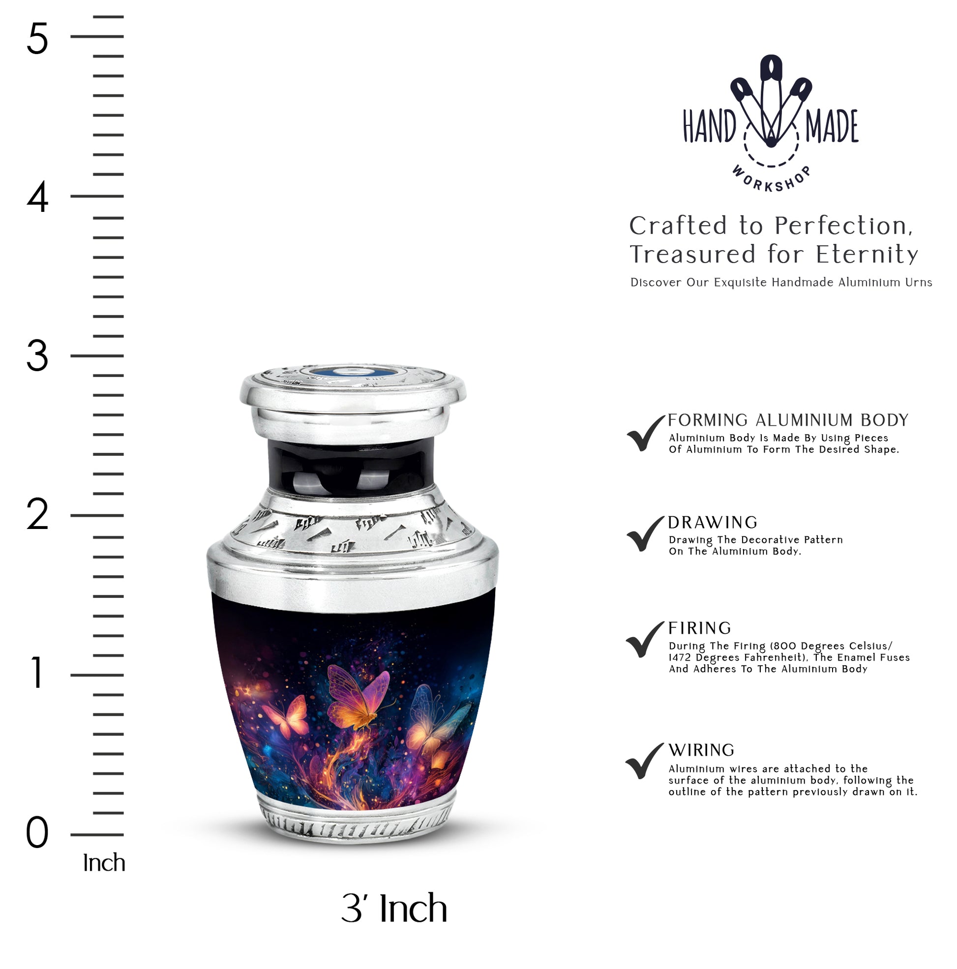 Charcoal Black Butterfly Cremation Urn top-down view of secure threaded lid - stylized abstract butterfly pattern with bold lines - mini keepsake memorial for portion of cremation ashes