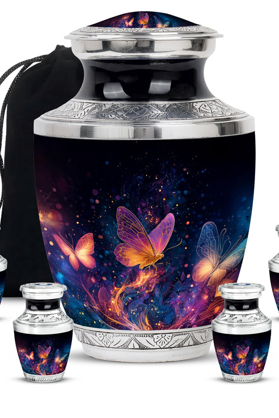 Glossy Black Butterfly Cremation Urn lifestyle display on memorial shelf - contemporary butterfly design with modern artistic flair - memorial set with one large and four small urns