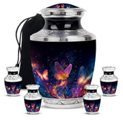 Glossy Black Butterfly Cremation Urn lifestyle display on memorial shelf - contemporary butterfly design with modern artistic flair - memorial set with one large and four small urns