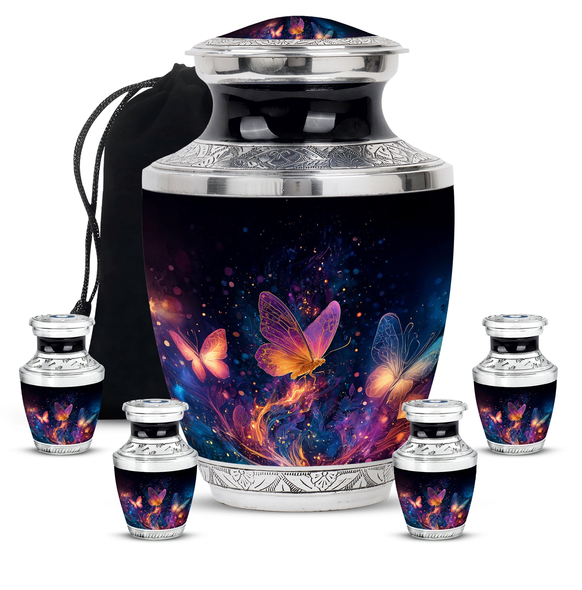 Glossy Black Butterfly Cremation Urn lifestyle display on memorial shelf - contemporary butterfly design with modern artistic flair - memorial set with one large and four small urns