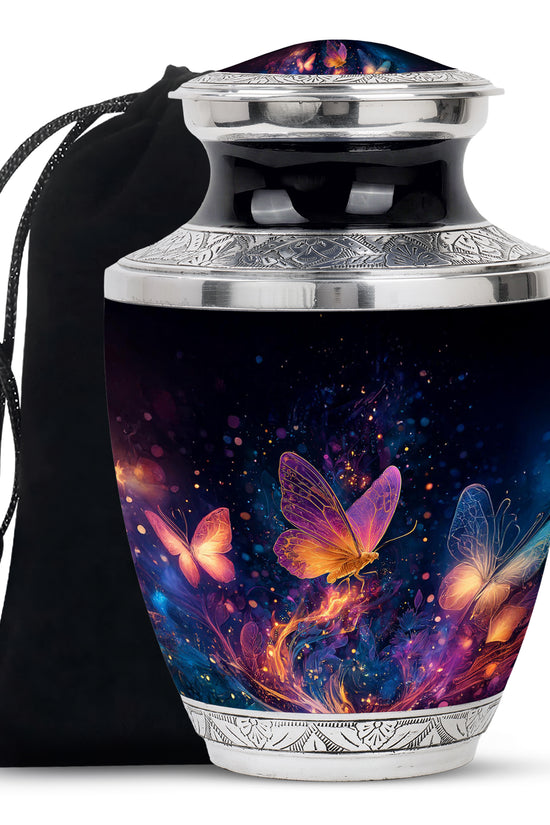 Deep Black Butterfly Cremation Urn side profile showing urn shape - modern art-inspired butterfly motif on sleek aluminum - full-size 10 inch 200 cubic inch adult cremation urn