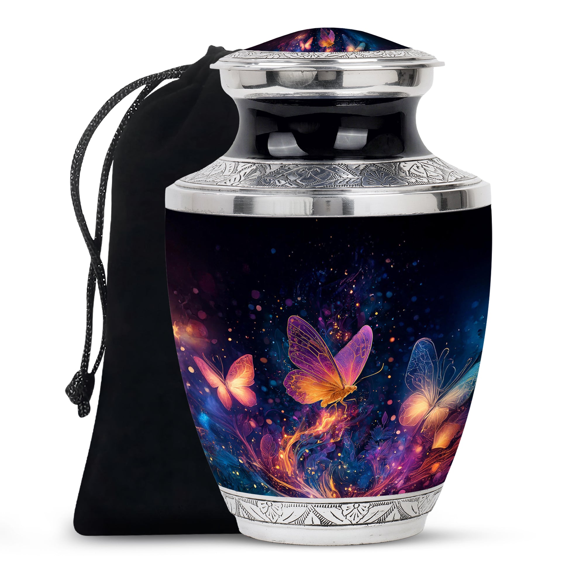 Deep Black Butterfly Cremation Urn side profile showing urn shape - modern art-inspired butterfly motif on sleek aluminum - full-size 10 inch 200 cubic inch adult cremation urn