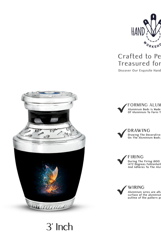 Midnight Black Butterfly Cremation Urn top-down view of secure threaded lid - artistic butterfly interpretation with creative detail - mini keepsake memorial for portion of cremation ashes