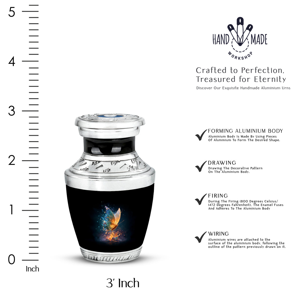Midnight Black Butterfly Cremation Urn top-down view of secure threaded lid - artistic butterfly interpretation with creative detail - mini keepsake memorial for portion of cremation ashes