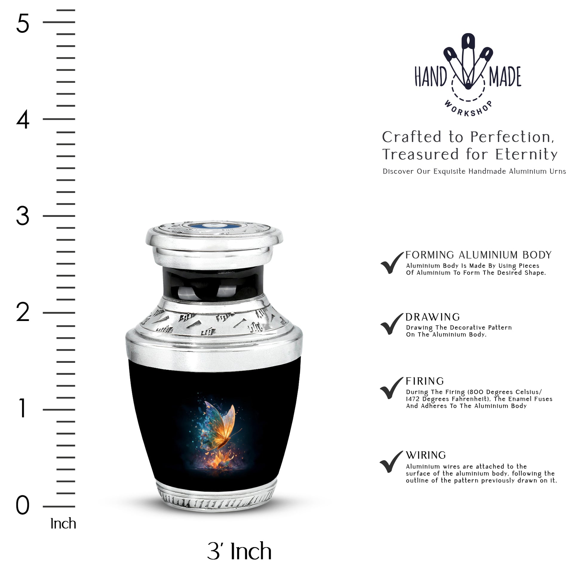 Midnight Black Butterfly Cremation Urn top-down view of secure threaded lid - artistic butterfly interpretation with creative detail - mini keepsake memorial for portion of cremation ashes
