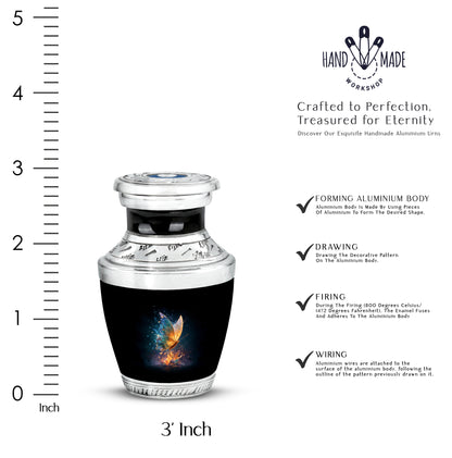Midnight Black Butterfly Cremation Urn top-down view of secure threaded lid - artistic butterfly interpretation with creative detail - mini keepsake memorial for portion of cremation ashes