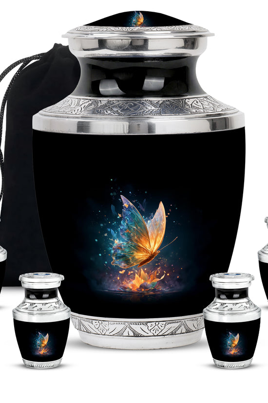 Rich Black Butterfly Cremation Urn lifestyle display on memorial shelf - modern art-inspired butterfly motif on sleek aluminum - memorial set with one large and four small urns