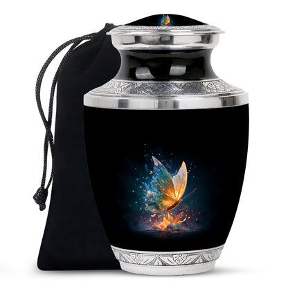 Onyx Black Butterfly Cremation Urn side profile showing urn shape - artistic butterfly interpretation with creative detail - full-size 10 inch 200 cubic inch adult cremation urn