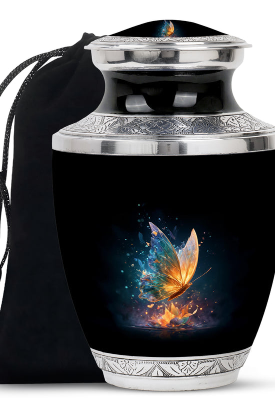 Onyx Black Butterfly Cremation Urn side profile showing urn shape - artistic butterfly interpretation with creative detail - full-size 10 inch 200 cubic inch adult cremation urn