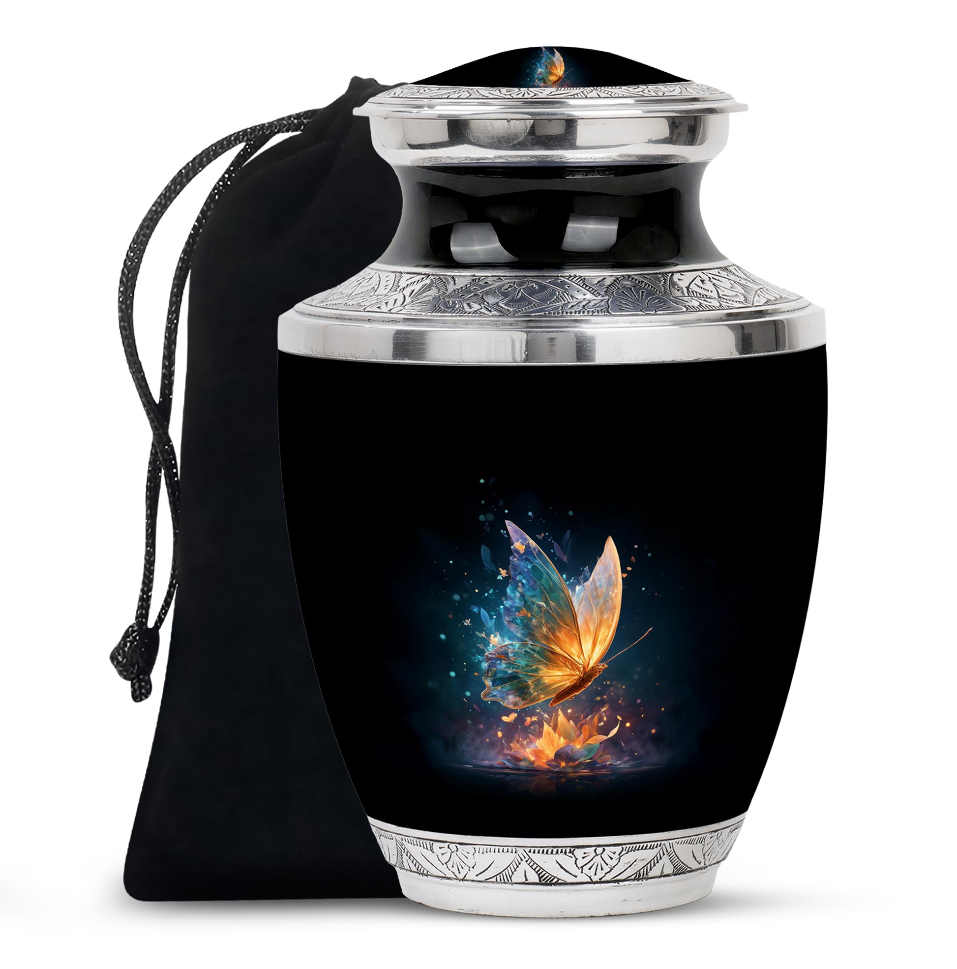 Onyx Black Butterfly Cremation Urn side profile showing urn shape - artistic butterfly interpretation with creative detail - full-size 10 inch 200 cubic inch adult cremation urn