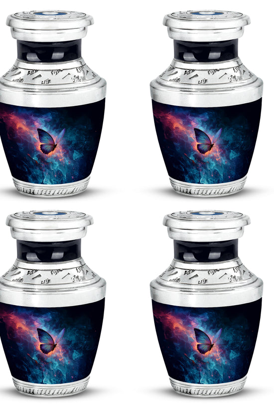 Sapphire Blue Butterfly Cremation Urn back view with polished surface - artistic butterfly interpretation with creative detail - 10 inch aluminum urn for cremated remains