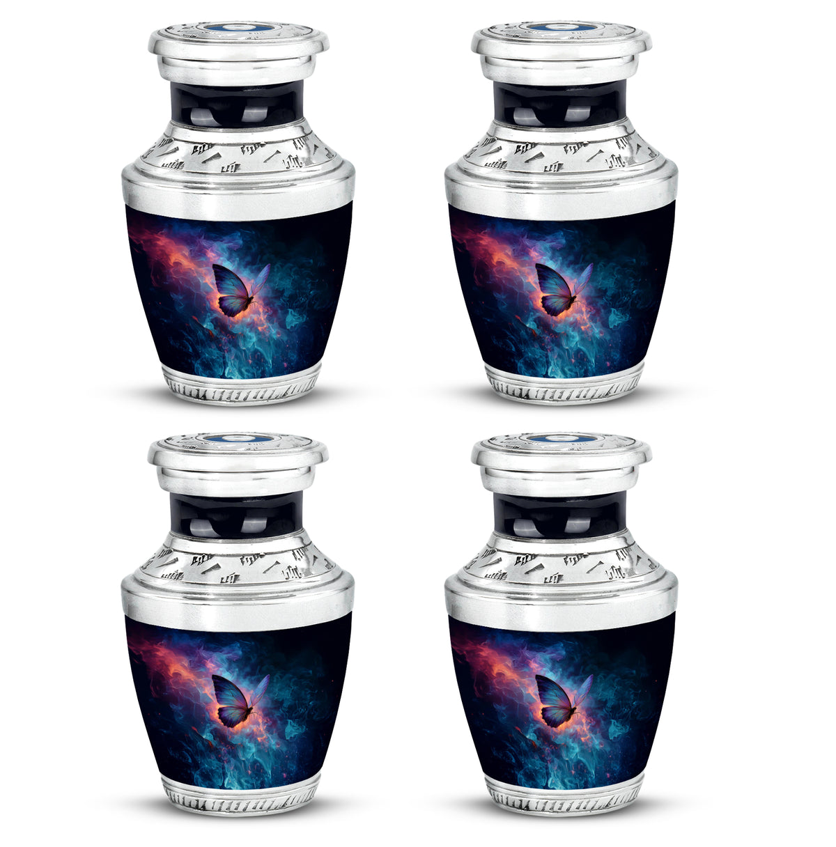 Sapphire Blue Butterfly Cremation Urn back view with polished surface - artistic butterfly interpretation with creative detail - 10 inch aluminum urn for cremated remains
