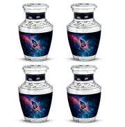 Sapphire Blue Butterfly Cremation Urn back view with polished surface - artistic butterfly interpretation with creative detail - 10 inch aluminum urn for cremated remains