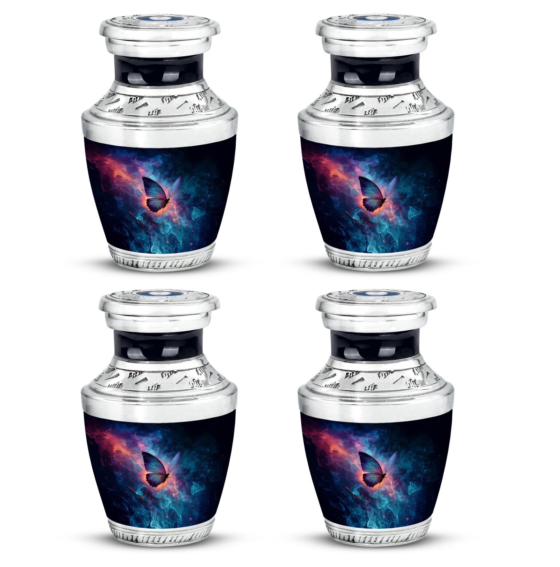 Sapphire Blue Butterfly Cremation Urn back view with polished surface - artistic butterfly interpretation with creative detail - 10 inch aluminum urn for cremated remains