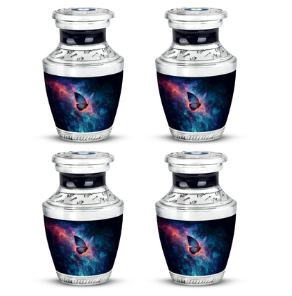 Sapphire Blue Butterfly Cremation Urn back view with polished surface - artistic butterfly interpretation with creative detail - 10 inch aluminum urn for cremated remains