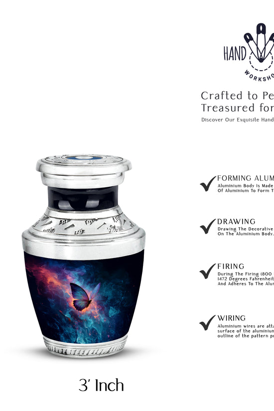 Twilight Blue Butterfly Cremation Urn top-down view of secure threaded lid - artistic butterfly interpretation with creative detail - mini keepsake memorial for portion of cremation ashes