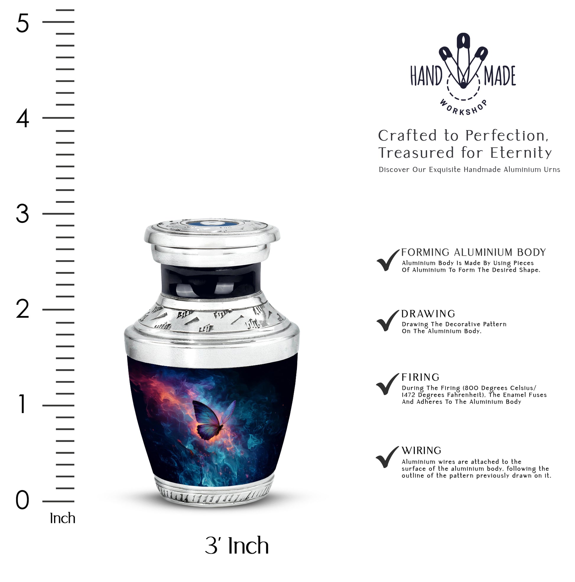 Twilight Blue Butterfly Cremation Urn top-down view of secure threaded lid - artistic butterfly interpretation with creative detail - mini keepsake memorial for portion of cremation ashes