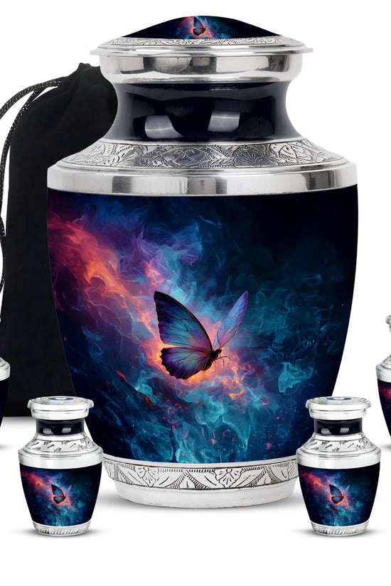 Twilight Blue Butterfly Cremation Urn lifestyle display on memorial shelf - artistic butterfly interpretation with creative detail - memorial set with one large and four small urns