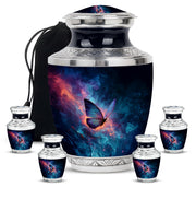 Twilight Blue Butterfly Cremation Urn lifestyle display on memorial shelf - artistic butterfly interpretation with creative detail - memorial set with one large and four small urns