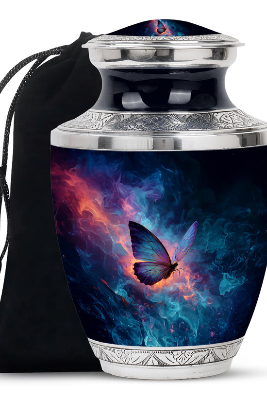 Indigo Butterfly Cremation Urn side profile showing urn shape - modern art-inspired butterfly motif on sleek aluminum - full-size 10 inch 200 cubic inch adult cremation urn