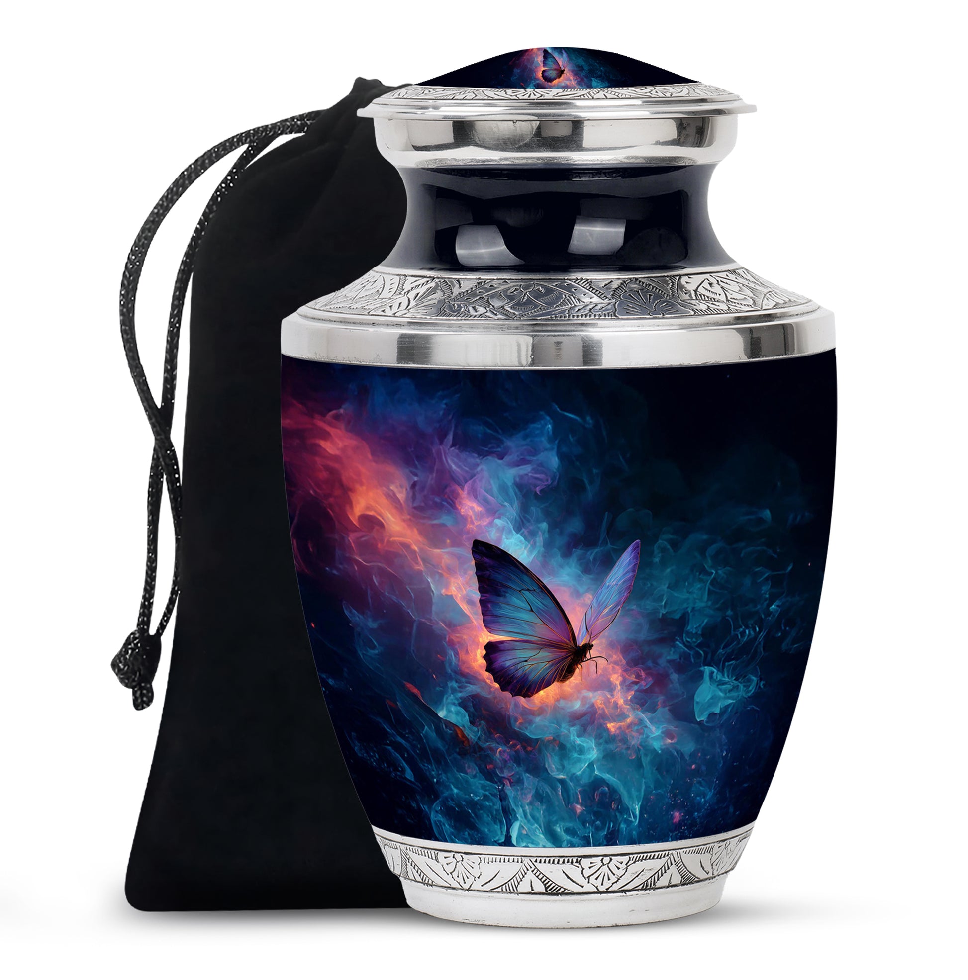 Indigo Butterfly Cremation Urn side profile showing urn shape - modern art-inspired butterfly motif on sleek aluminum - full-size 10 inch 200 cubic inch adult cremation urn