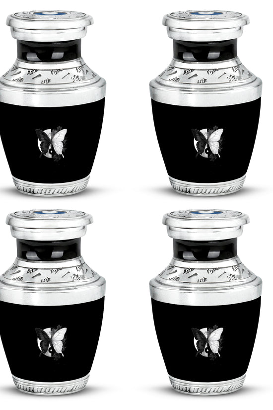 Charcoal Black Butterfly Cremation Urn back view with polished surface - stylized abstract butterfly pattern with bold lines - 10 inch aluminum urn for cremated remains