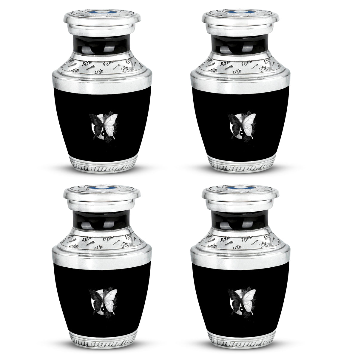 Charcoal Black Butterfly Cremation Urn back view with polished surface - stylized abstract butterfly pattern with bold lines - 10 inch aluminum urn for cremated remains