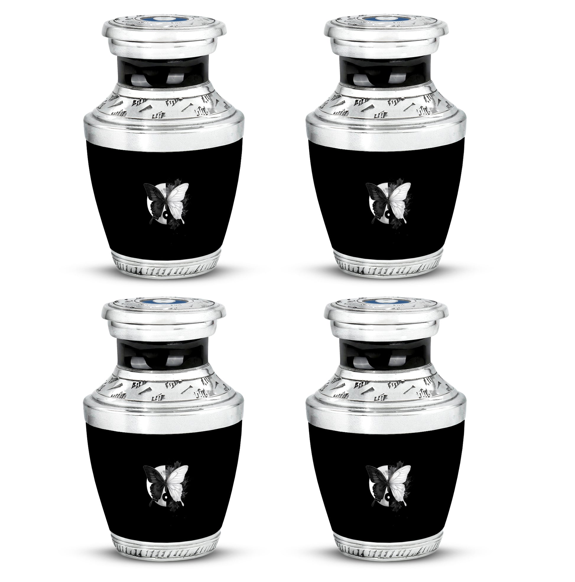 Charcoal Black Butterfly Cremation Urn back view with polished surface - stylized abstract butterfly pattern with bold lines - 10 inch aluminum urn for cremated remains