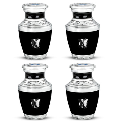 Charcoal Black Butterfly Cremation Urn back view with polished surface - stylized abstract butterfly pattern with bold lines - 10 inch aluminum urn for cremated remains