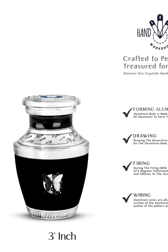 Charcoal Black Butterfly Cremation Urn top-down view of secure threaded lid - artistic butterfly interpretation with creative detail - mini keepsake memorial for portion of cremation ashes