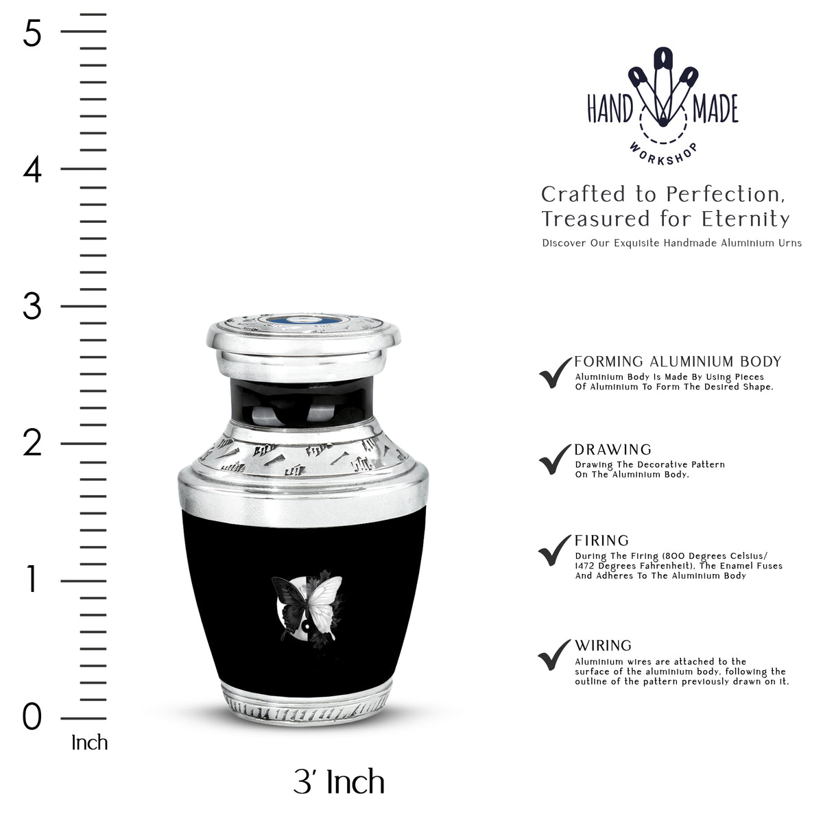 Charcoal Black Butterfly Cremation Urn top-down view of secure threaded lid - artistic butterfly interpretation with creative detail - mini keepsake memorial for portion of cremation ashes