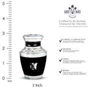 Charcoal Black Butterfly Cremation Urn top-down view of secure threaded lid - artistic butterfly interpretation with creative detail - mini keepsake memorial for portion of cremation ashes