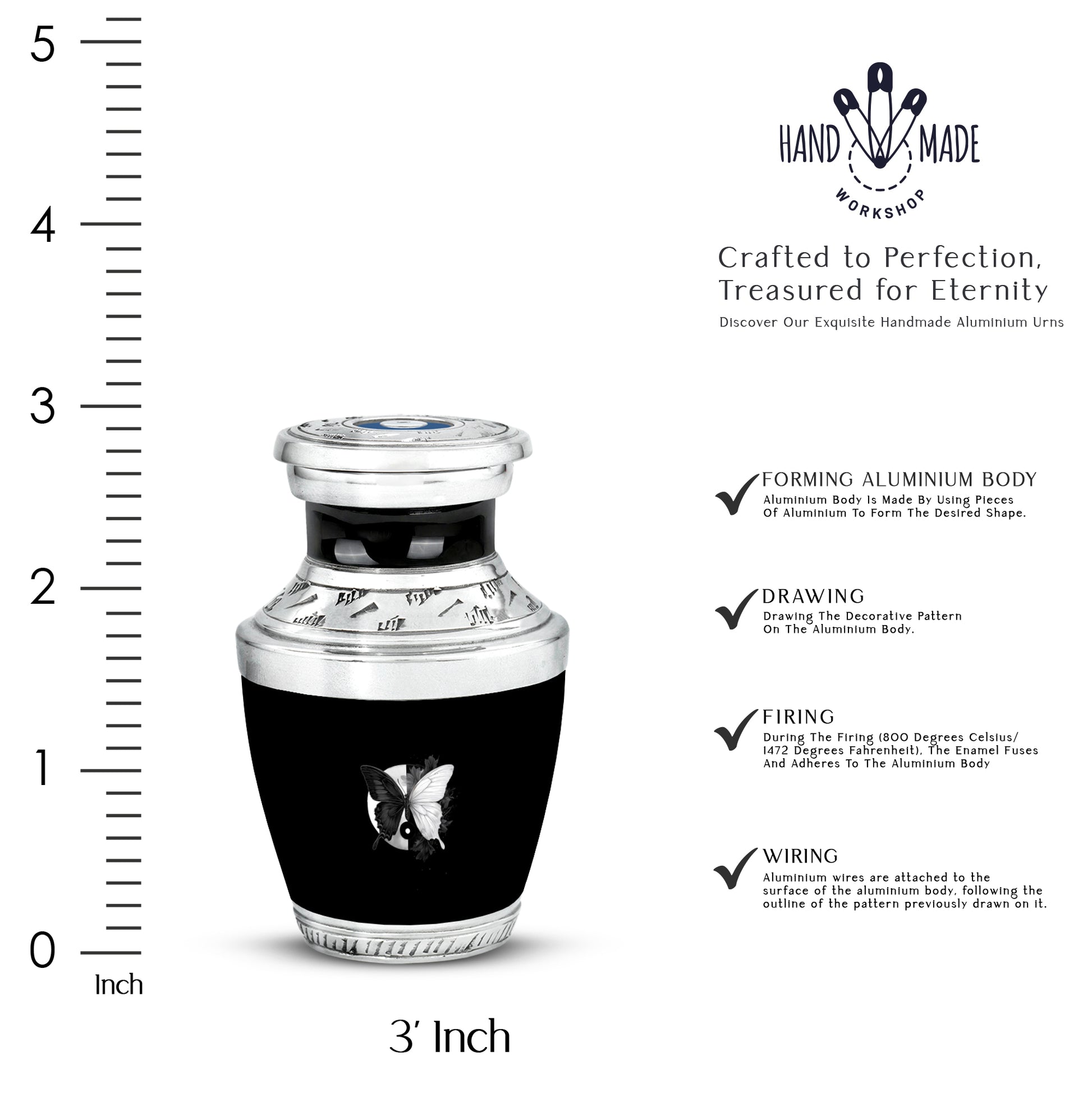 Charcoal Black Butterfly Cremation Urn top-down view of secure threaded lid - artistic butterfly interpretation with creative detail - mini keepsake memorial for portion of cremation ashes