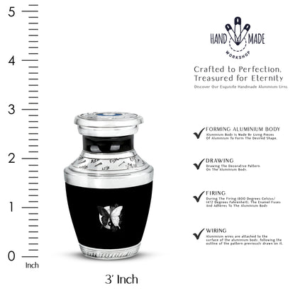 Charcoal Black Butterfly Cremation Urn top-down view of secure threaded lid - artistic butterfly interpretation with creative detail - mini keepsake memorial for portion of cremation ashes