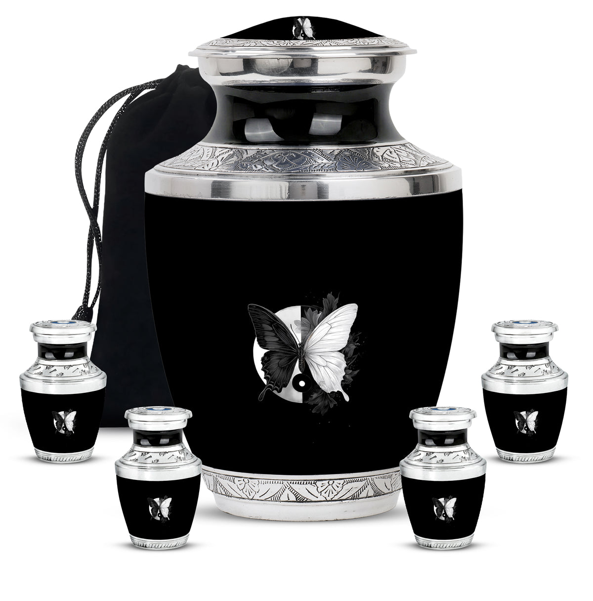 Glossy Black Butterfly Cremation Urn lifestyle display on memorial shelf - contemporary butterfly design with modern artistic flair - memorial set with one large and four small urns