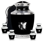 Glossy Black Butterfly Cremation Urn lifestyle display on memorial shelf - contemporary butterfly design with modern artistic flair - memorial set with one large and four small urns