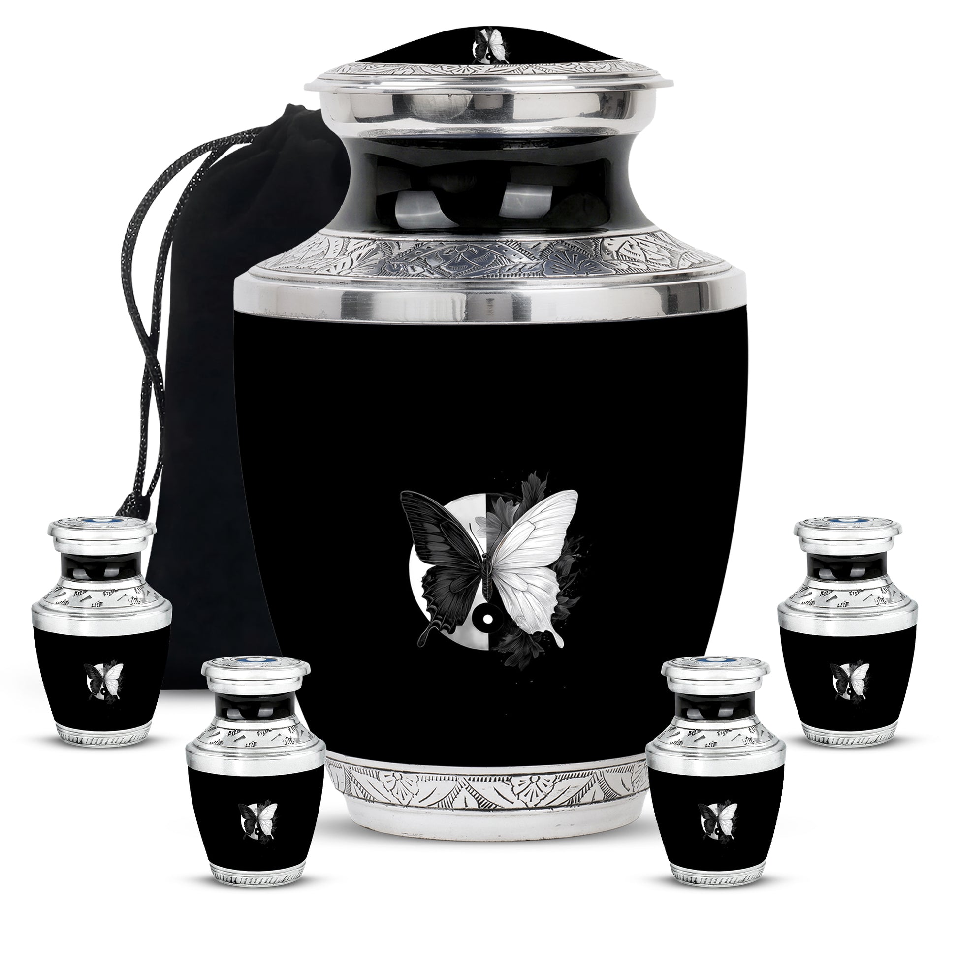 Glossy Black Butterfly Cremation Urn lifestyle display on memorial shelf - contemporary butterfly design with modern artistic flair - memorial set with one large and four small urns