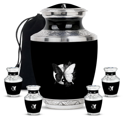 Glossy Black Butterfly Cremation Urn lifestyle display on memorial shelf - contemporary butterfly design with modern artistic flair - memorial set with one large and four small urns