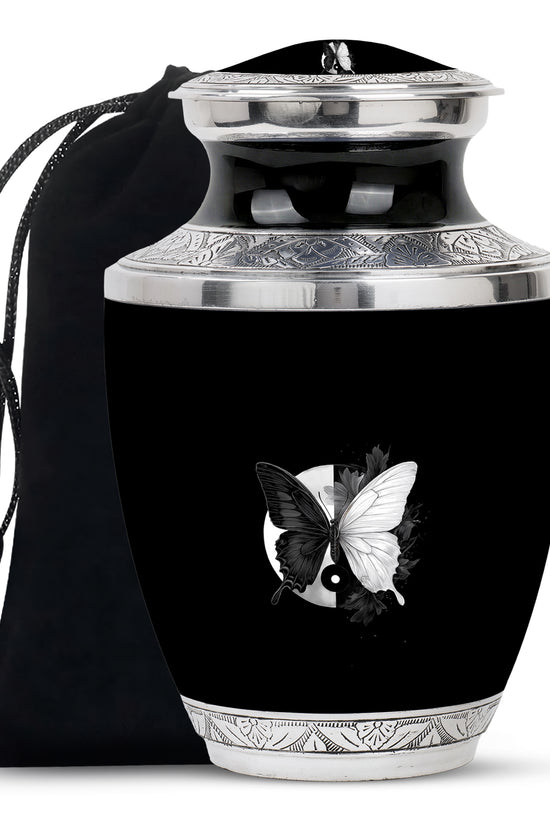 Obsidian Black Butterfly Cremation Urn side profile showing urn shape - artistic butterfly interpretation with creative detail - full-size 10 inch 200 cubic inch adult cremation urn