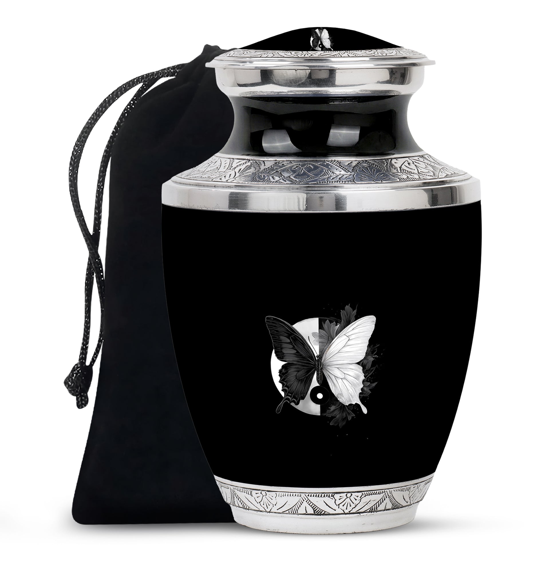 Obsidian Black Butterfly Cremation Urn side profile showing urn shape - artistic butterfly interpretation with creative detail - full-size 10 inch 200 cubic inch adult cremation urn