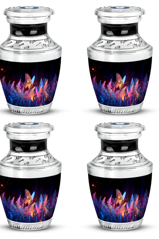 Obsidian Black Butterfly Cremation Urn back view with polished surface - stylized abstract butterfly pattern with bold lines - 10 inch aluminum urn for cremated remains