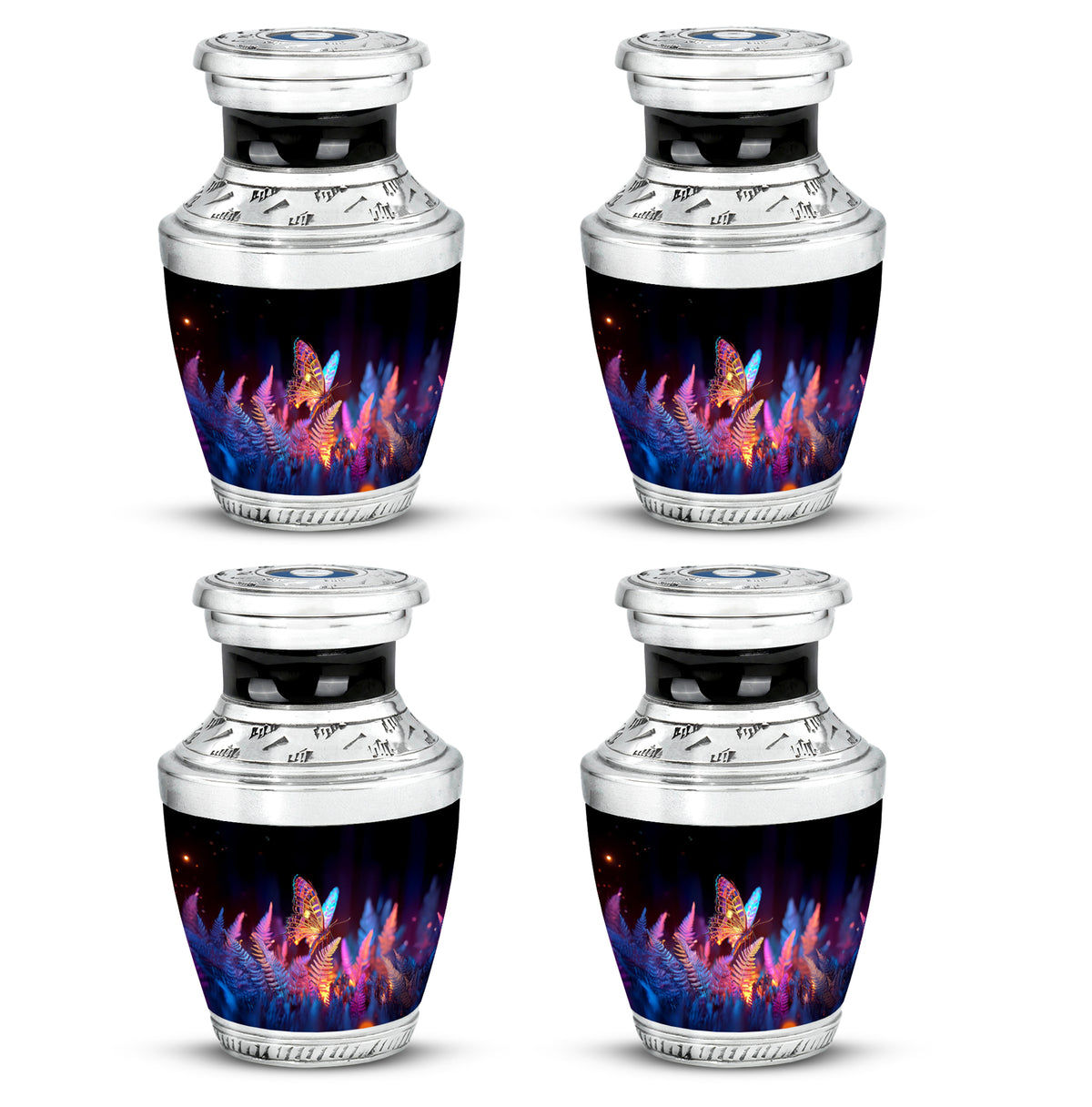 Obsidian Black Butterfly Cremation Urn back view with polished surface - stylized abstract butterfly pattern with bold lines - 10 inch aluminum urn for cremated remains