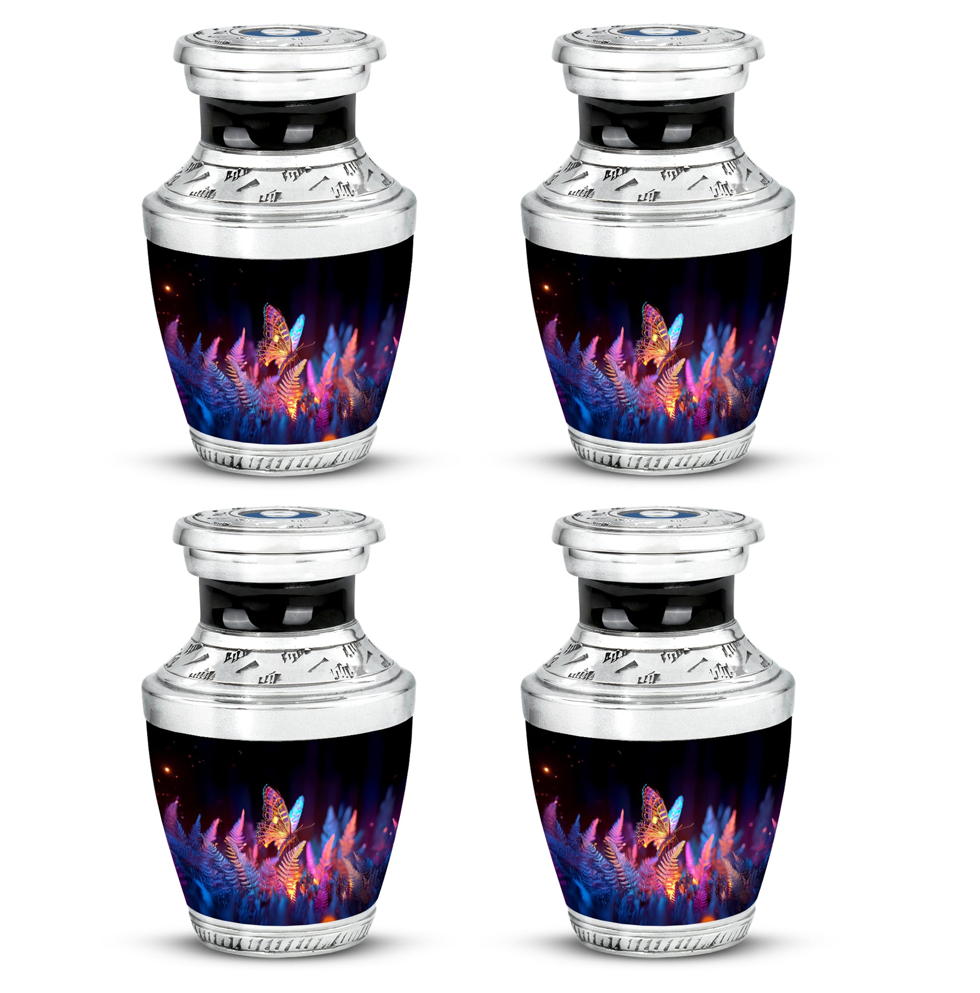 Obsidian Black Butterfly Cremation Urn back view with polished surface - stylized abstract butterfly pattern with bold lines - 10 inch aluminum urn for cremated remains