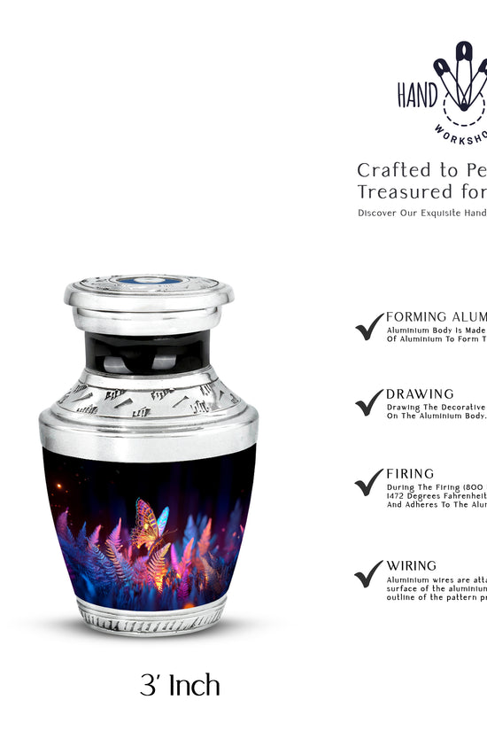Midnight Black Butterfly Cremation Urn top-down view of secure threaded lid - stylized abstract butterfly pattern with bold lines - mini keepsake memorial for portion of cremation ashes