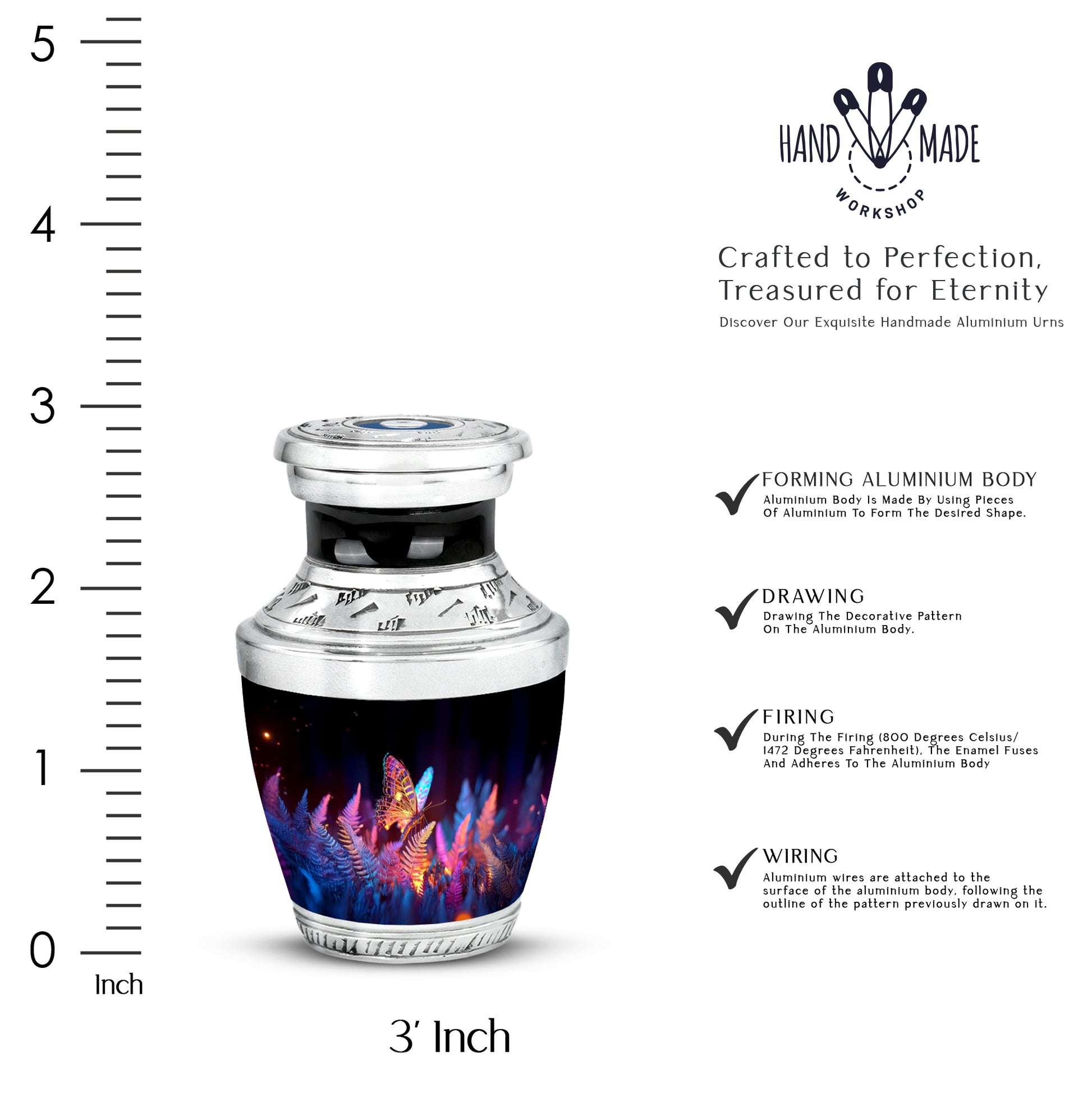 Midnight Black Butterfly Cremation Urn top-down view of secure threaded lid - stylized abstract butterfly pattern with bold lines - mini keepsake memorial for portion of cremation ashes