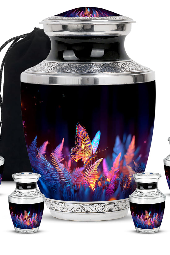 Dark Black Butterfly Cremation Urn lifestyle display on memorial shelf - stylized abstract butterfly pattern with bold lines - memorial set with one large and four small urns